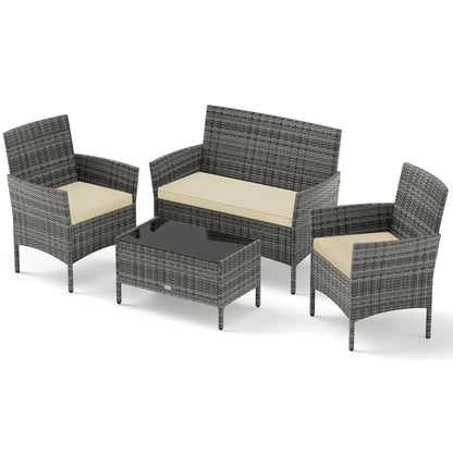 4 Pieces Patio Rattan Conversation Set with Tempered Glass Coffee Table-Turquoise - Beige