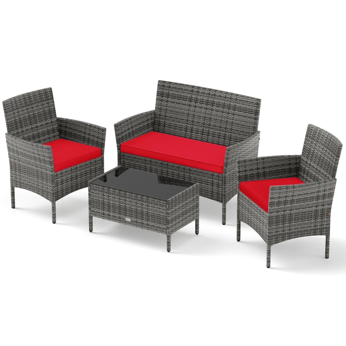 4 Pieces Patio Rattan Conversation Set with Tempered Glass Coffee Table-Turquoise - Red