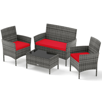 4 Pieces Patio Rattan Conversation Set with Tempered Glass Coffee Table-Turquoise - Red