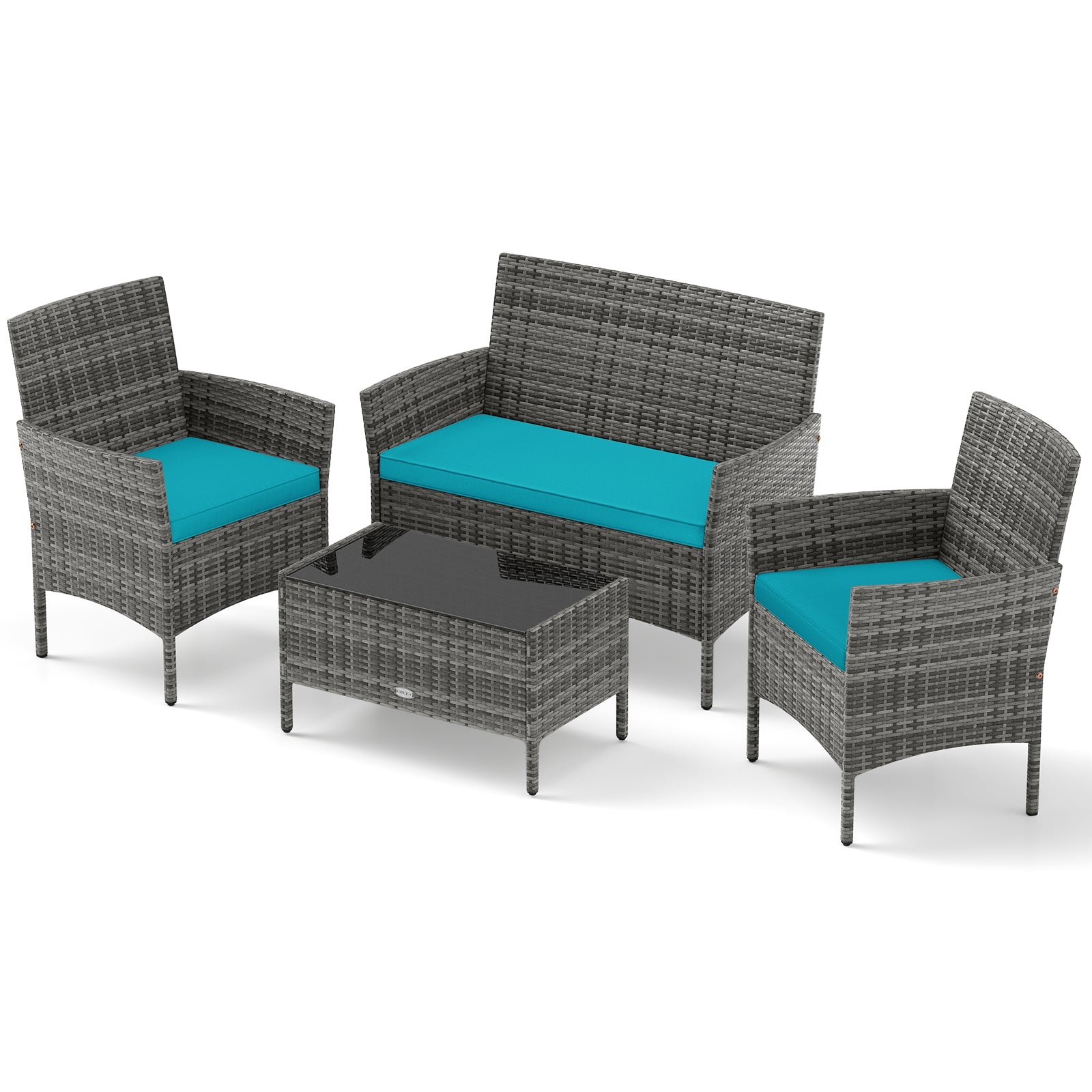 4 Pieces Patio Rattan Conversation Set with Tempered Glass Coffee Table-Turquoise - Turquoise