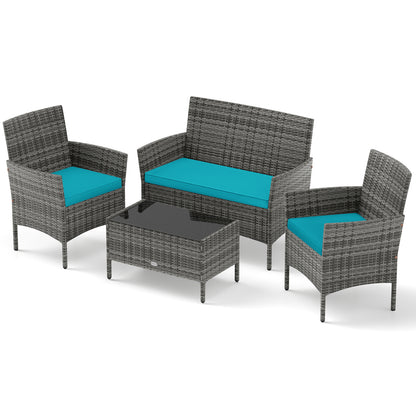 4 Pieces Patio Rattan Conversation Set with Tempered Glass Coffee Table-Turquoise - Turquoise