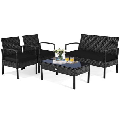 4 Pieces Patio Rattan Cushioned Furniture Set-Black - Black