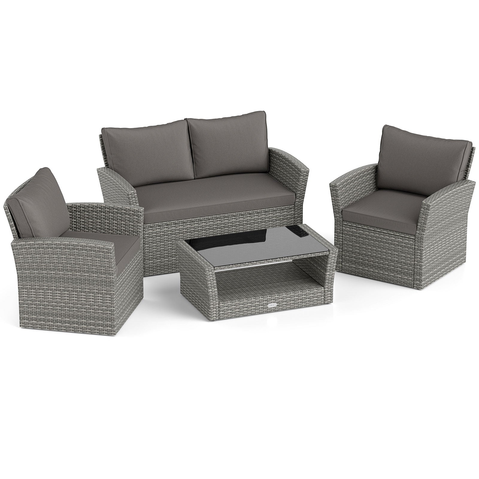 4 Pieces Patio Rattan Furniture Set Sofa Table with Storage Shelf Cushion-Gray - Gray