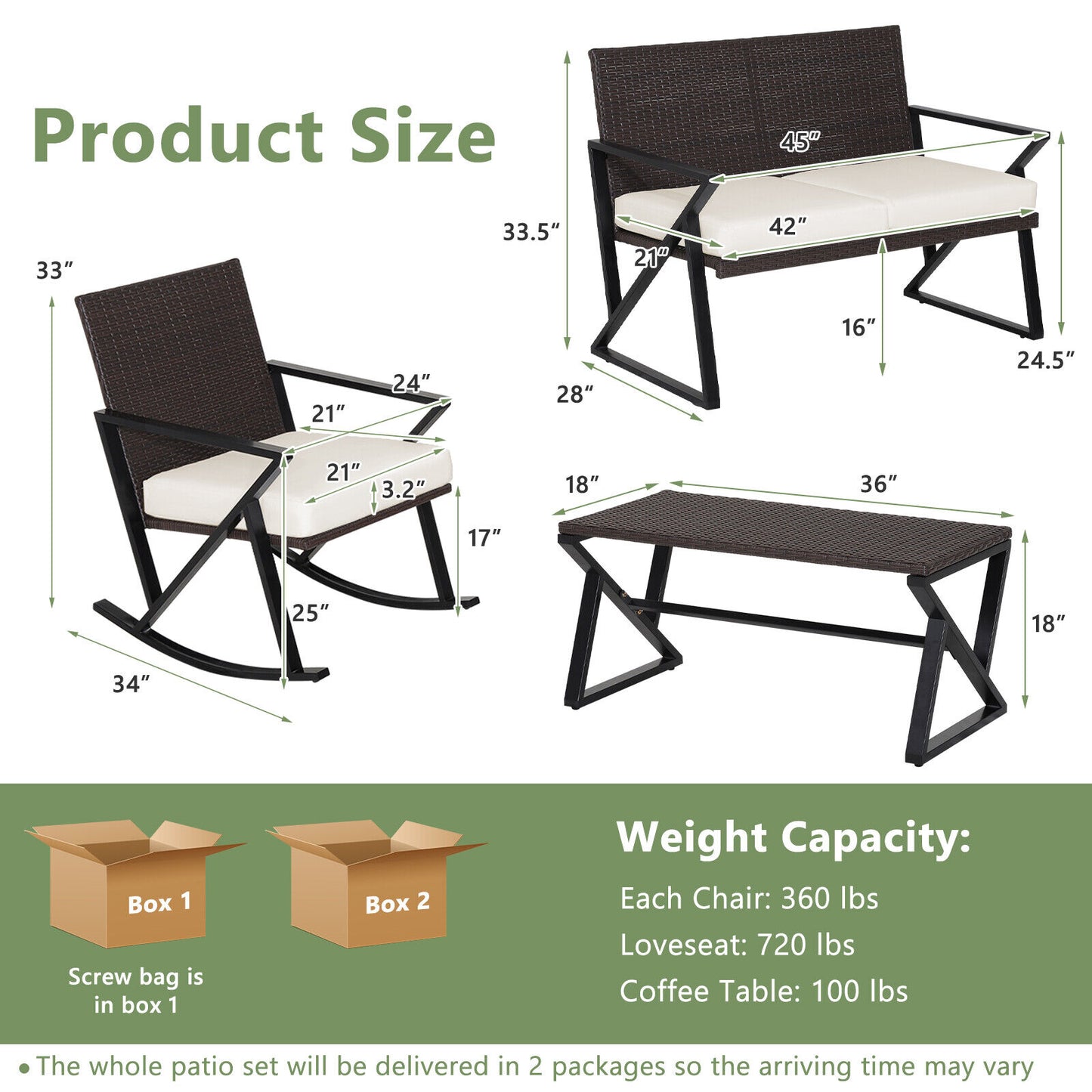 4 Pieces Rattan Patio Rocking Furniture Set with Loveseat and Coffee Table