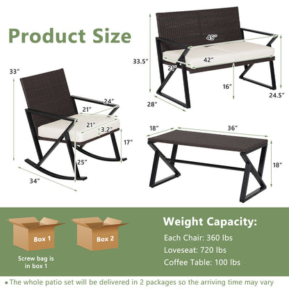 4 Pieces Rattan Patio Rocking Furniture Set with Loveseat and Coffee Table