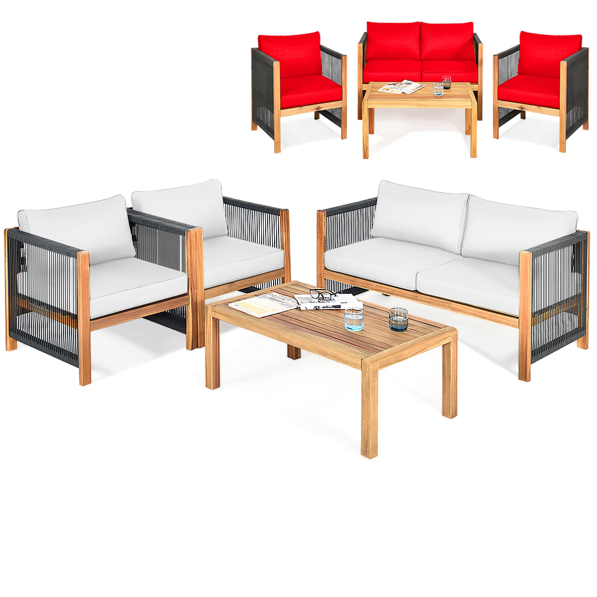 4 Pieces Wood Outdoor Patio Furniture Set with Cushions for Garden-Red - Red