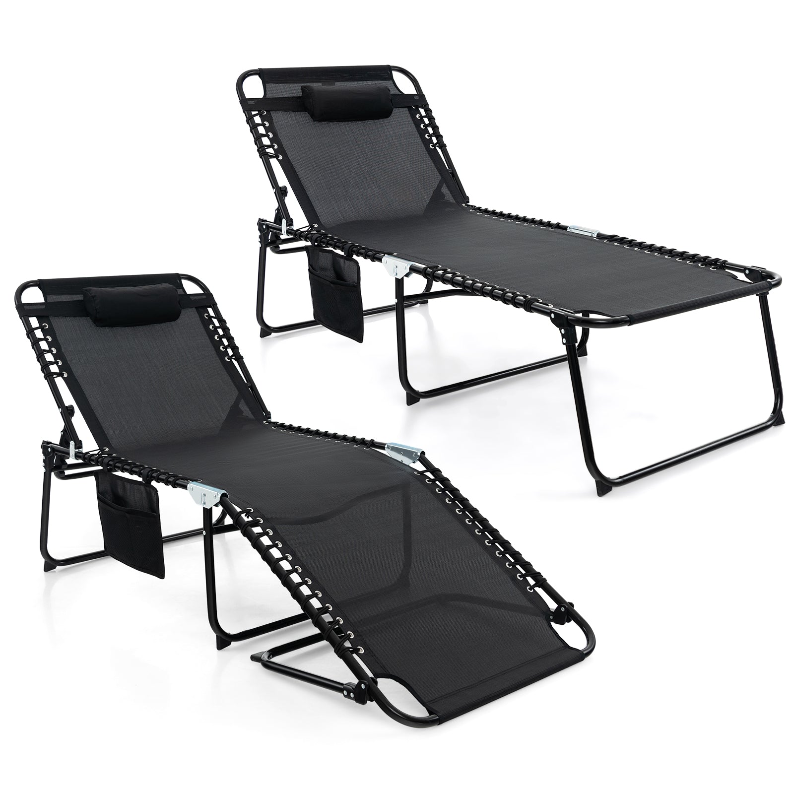 4 Position Folding Lounge Chaise with Adjustable Backrest and Footrest-Black - Black