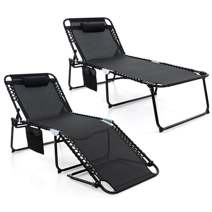 4 Position Folding Lounge Chaise with Adjustable Backrest and Footrest-Black - Black