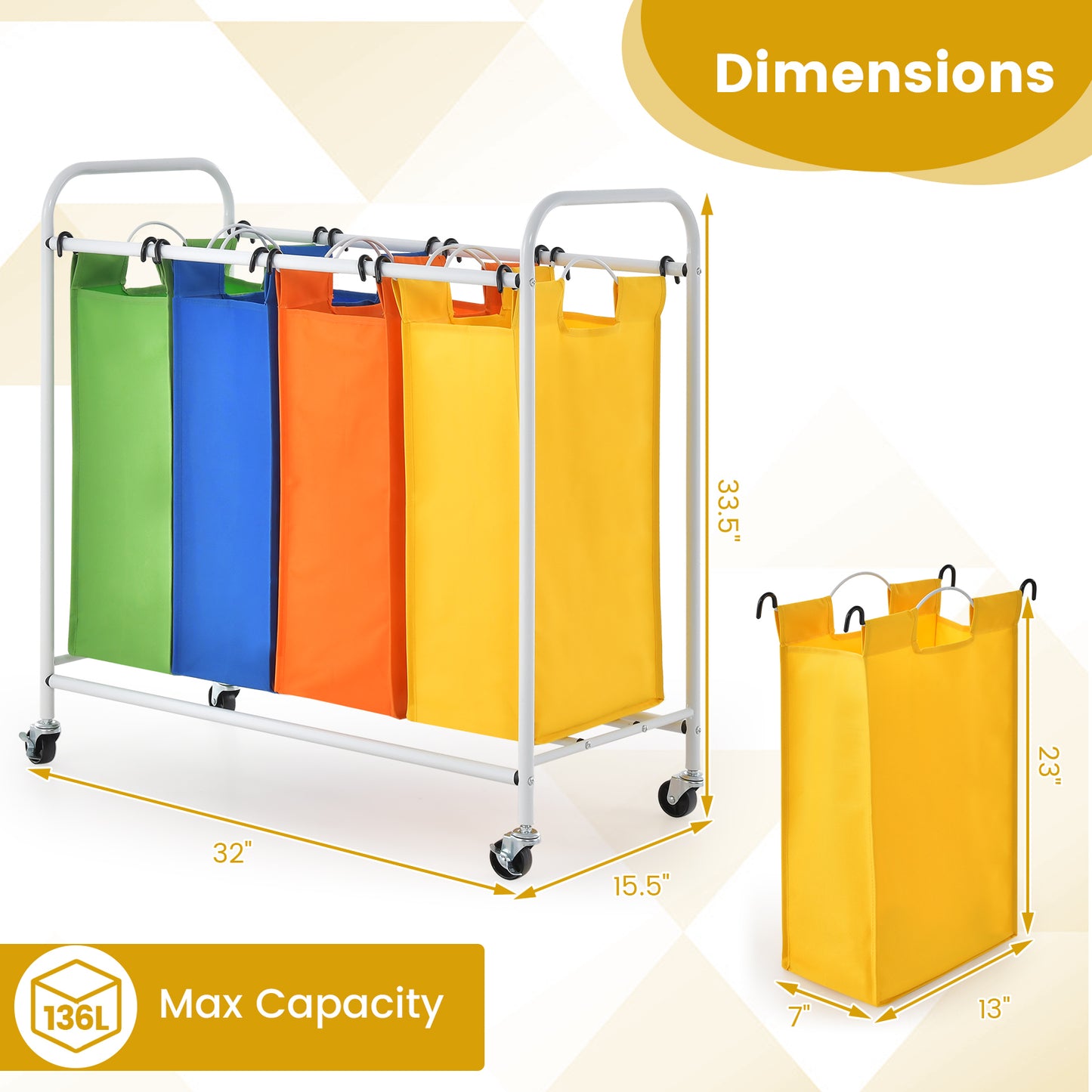 136L Large Capacity 4-Section Laundry Sorter