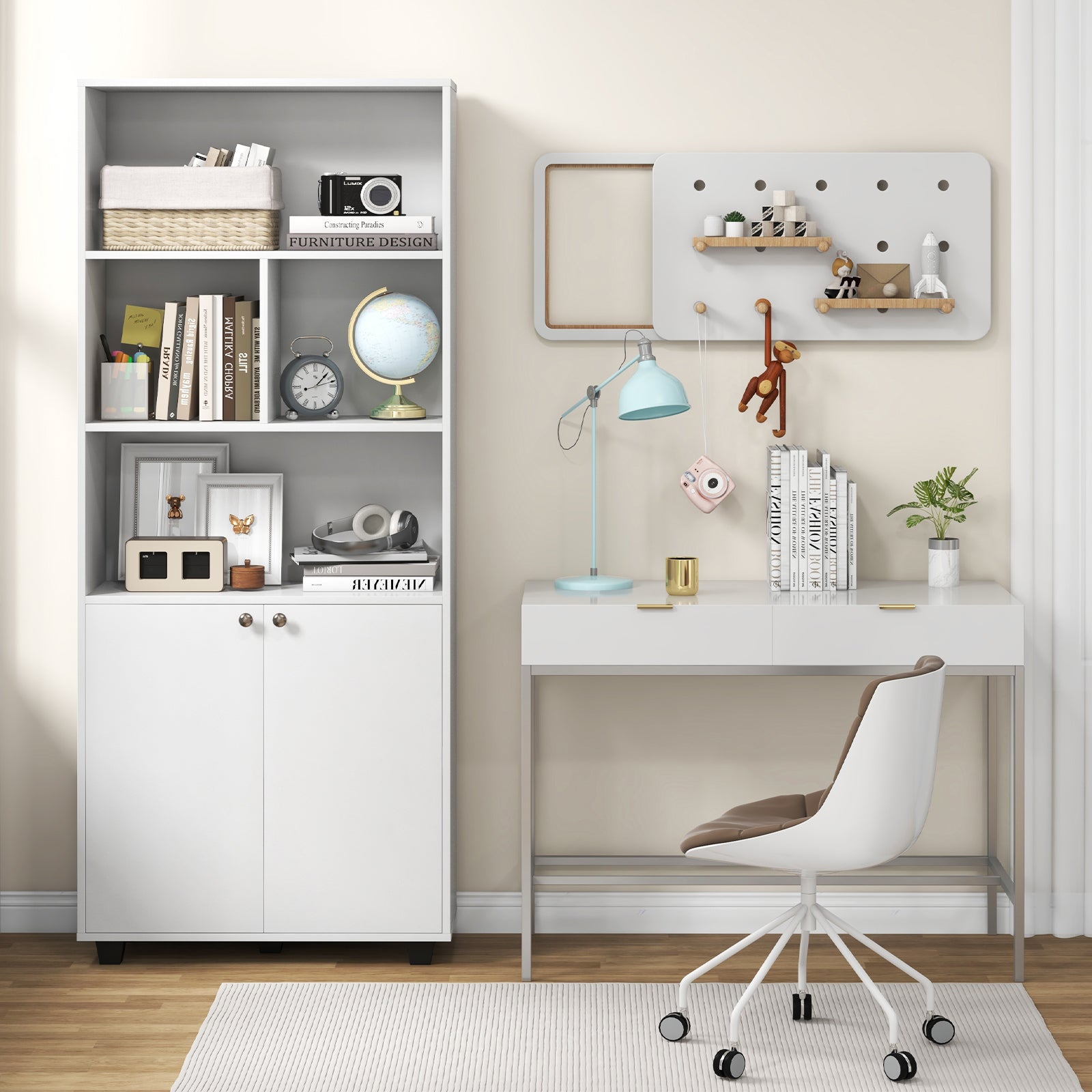 66 Inch Tall Double-Door Bookcase with Adjustable Shelf and Storage Cubes-White