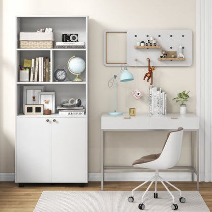 66 Inch Tall Double-Door Bookcase with Adjustable Shelf and Storage Cubes-White