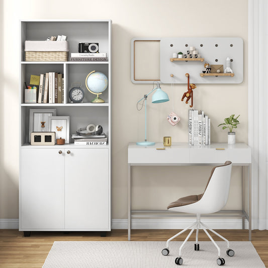 66 Inch Tall Double-Door Bookcase with Adjustable Shelf and Storage Cubes-White