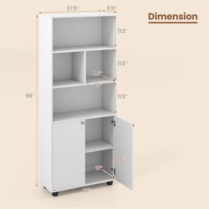 66 Inch Tall Double-Door Bookcase with Adjustable Shelf and Storage Cubes-White