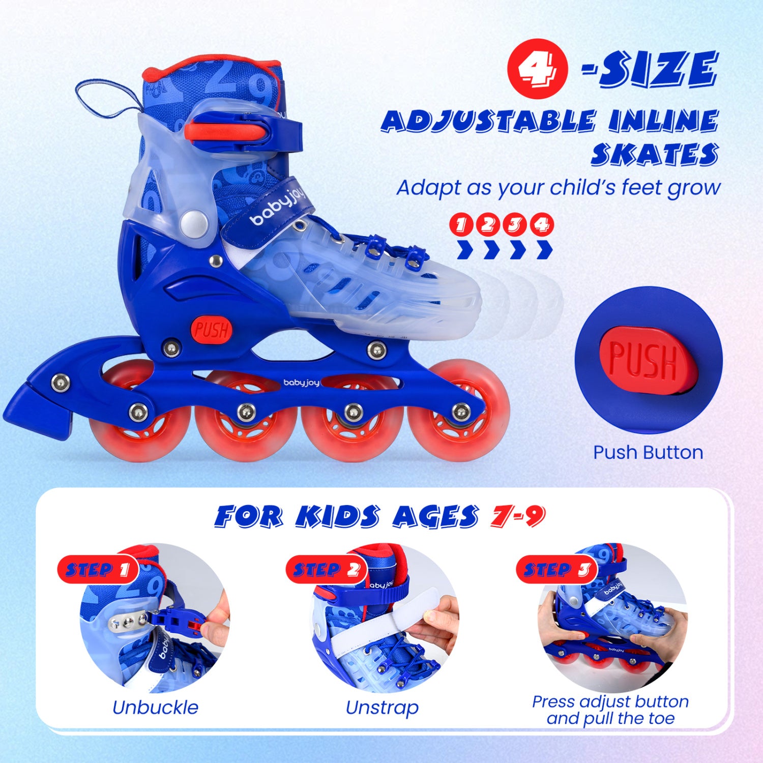 4-Size Adjustable Illuminating Kids Inline Skates with Light Up Wheels-Blue