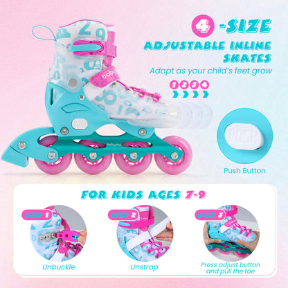 4-Size Adjustable Illuminating Kids Inline Skates with Light Up Wheels-Blue and Pink