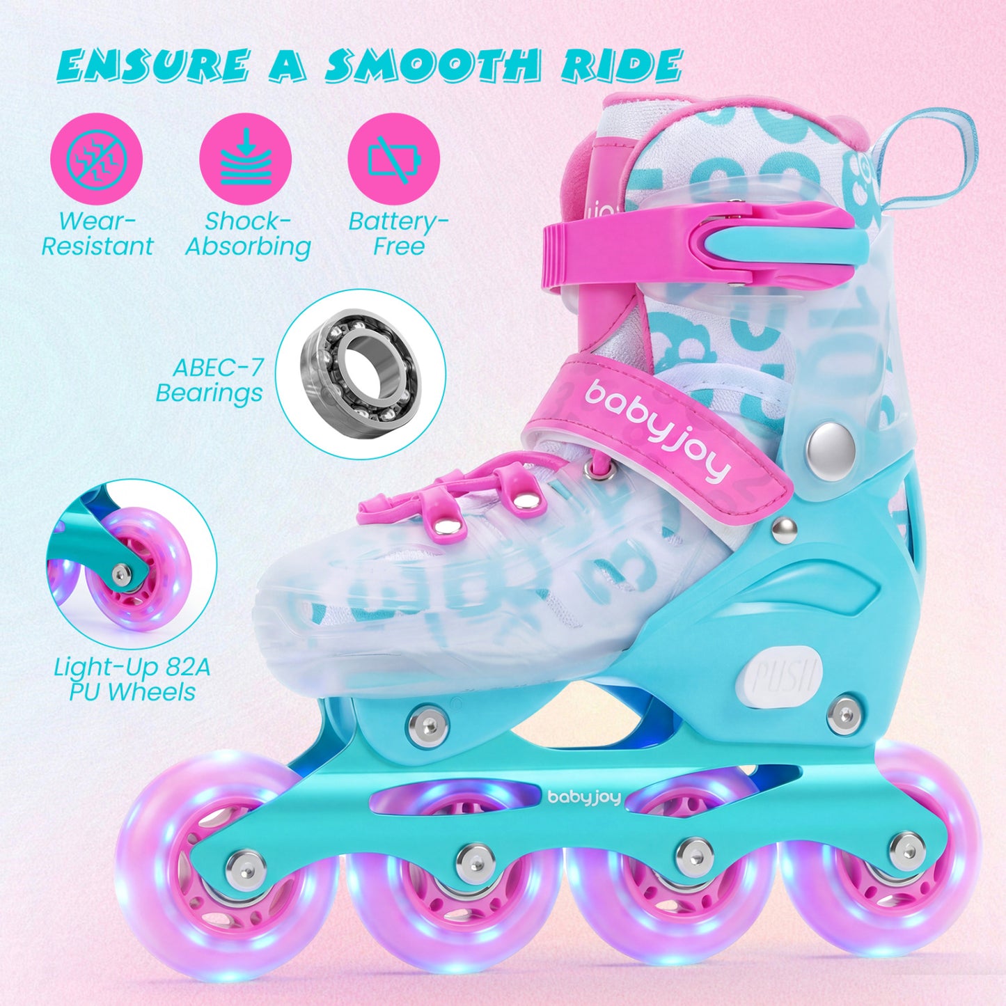 4-Size Adjustable Illuminating Kids Inline Skates with Light Up Wheels-Blue and Pink