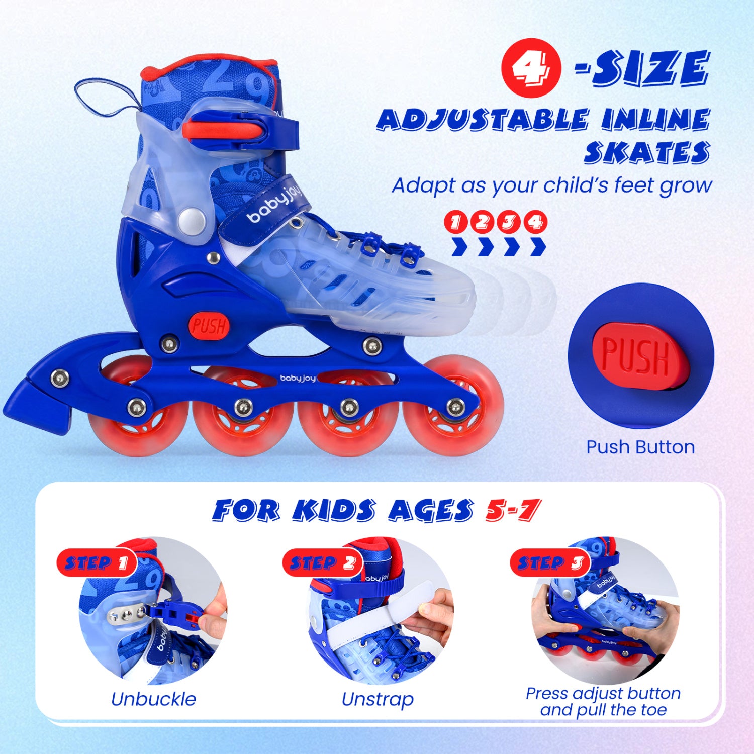 4-Size Adjustable Kids Inline Skates for Beginners Ages 5-7-Blue