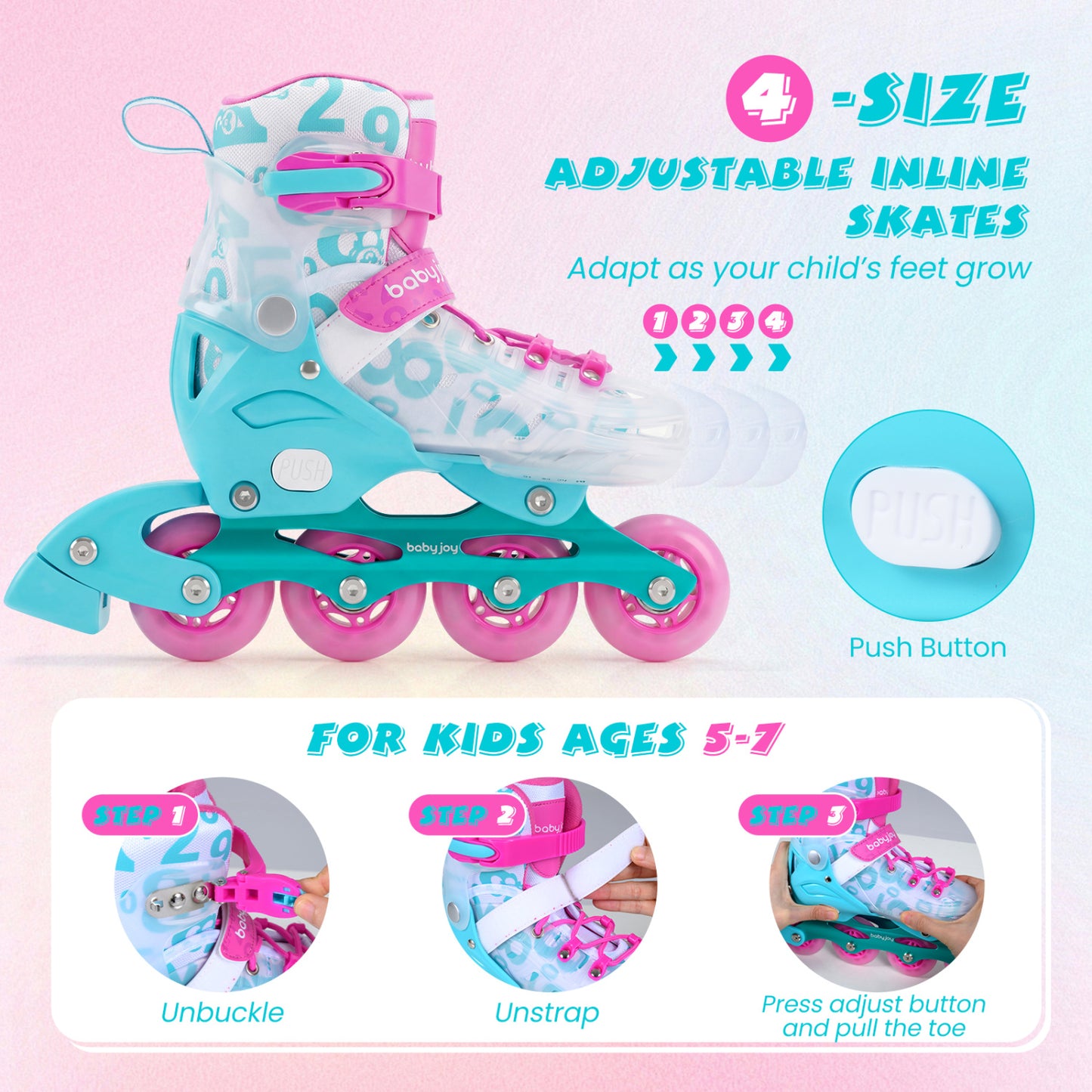 4-Size Adjustable Kids Inline Skates for Beginners Ages 5-7-Blue and Pink