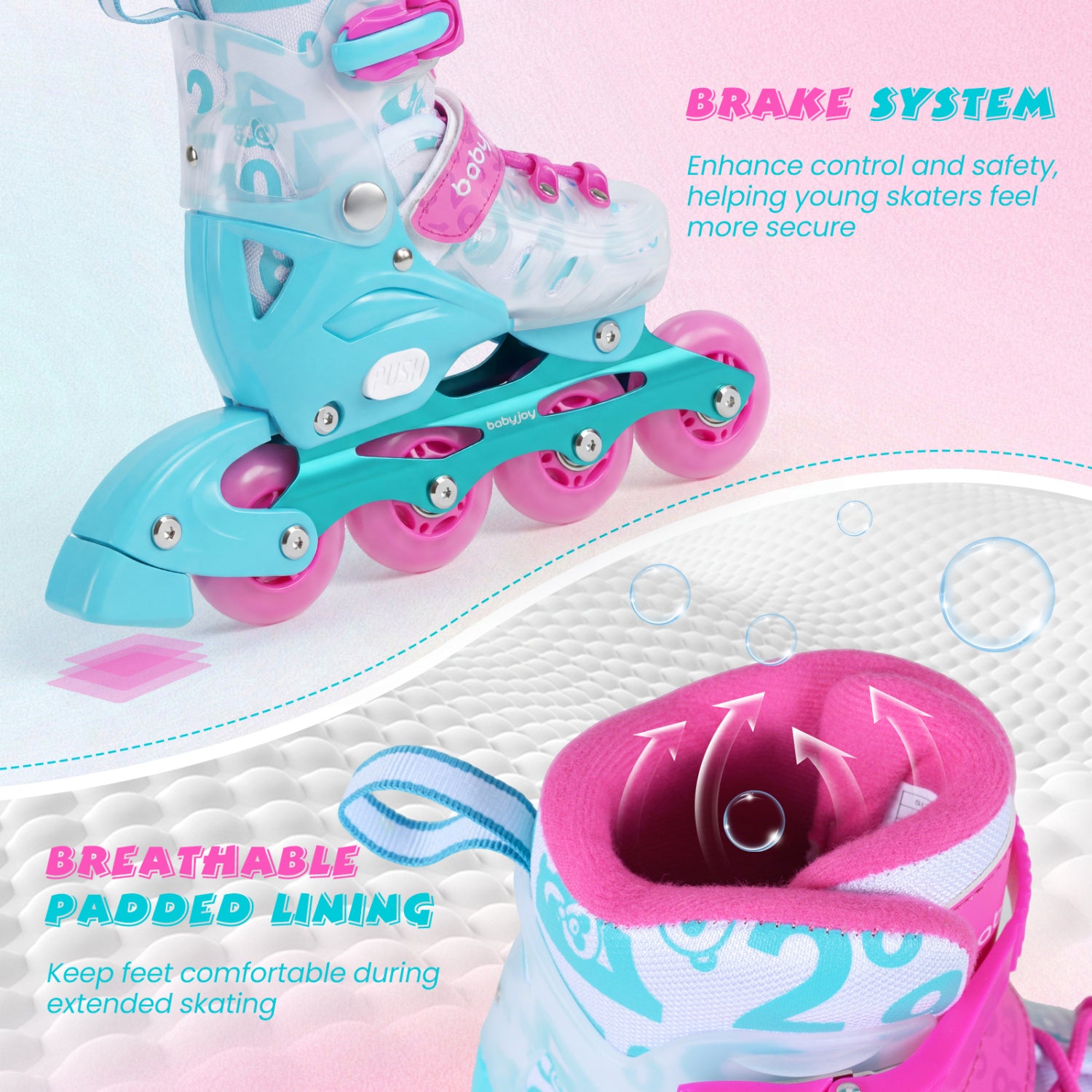 4-Size Adjustable Kids Inline Skates for Beginners Ages 5-7-Blue and Pink