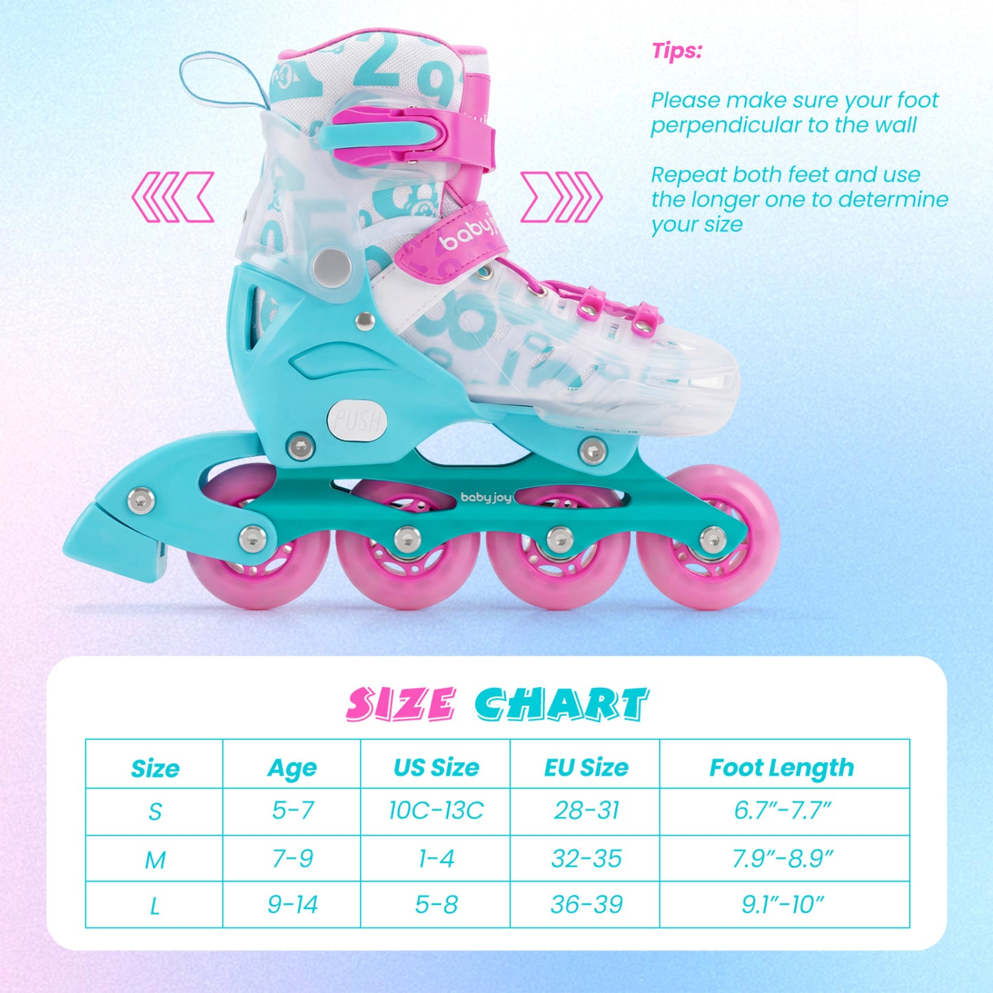 4-Size Adjustable Kids Inline Skates for Beginners Ages 5-7-Blue and Pink