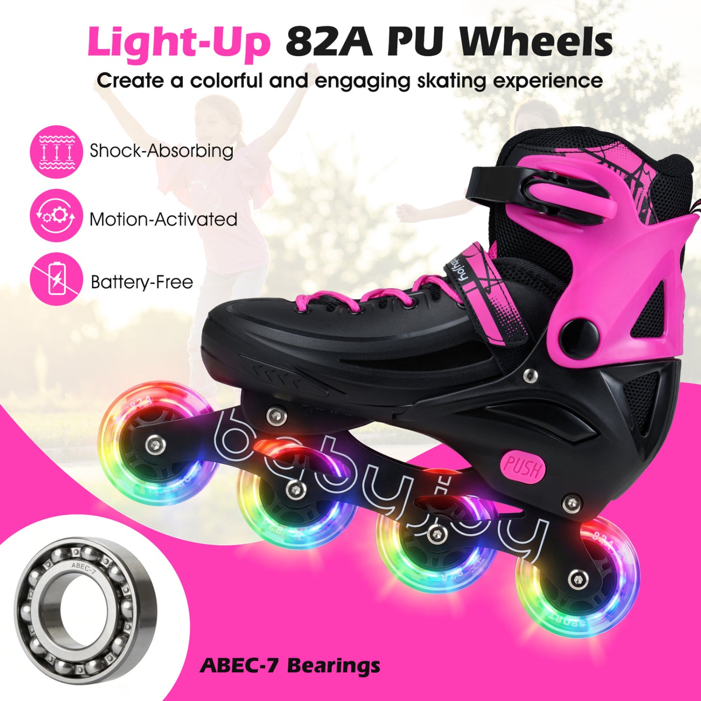 4-Size Adjustable Light-Up Kids Inline Skates for Kids Ages 7-9