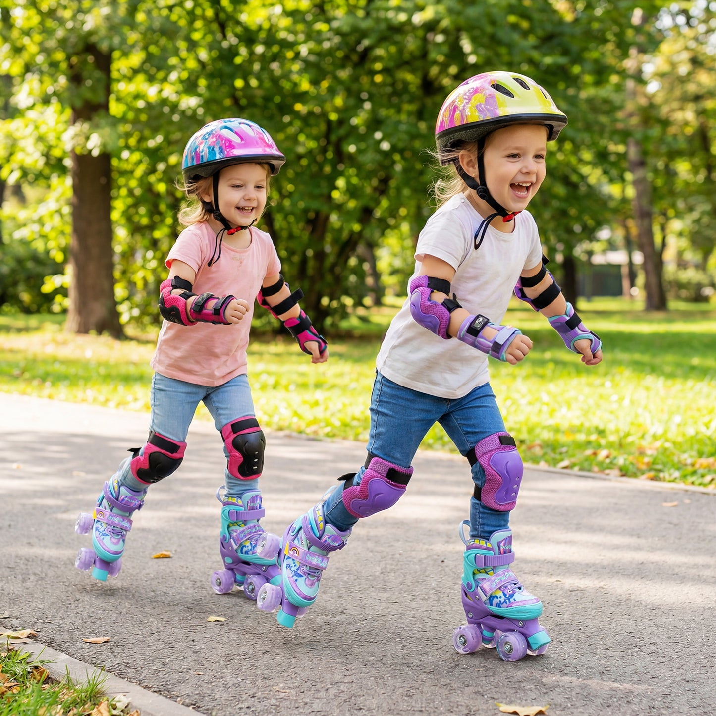 4 Sizes Adjustable Kids Roller Skates with Light-up Wheels and Safety Protection-Purple