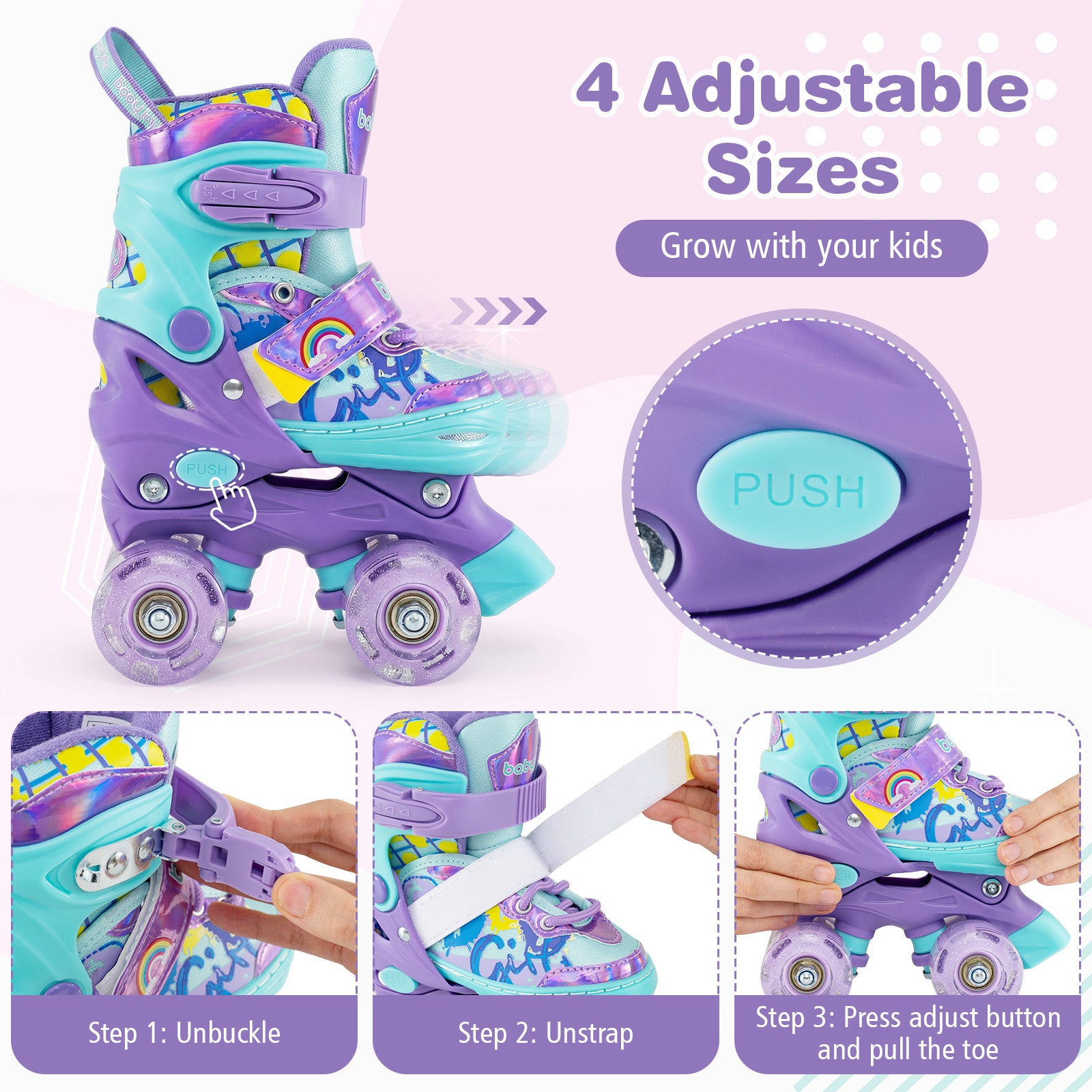 4 Sizes Adjustable Kids Roller Skates with Light-up Wheels and Safety Protection-Purple