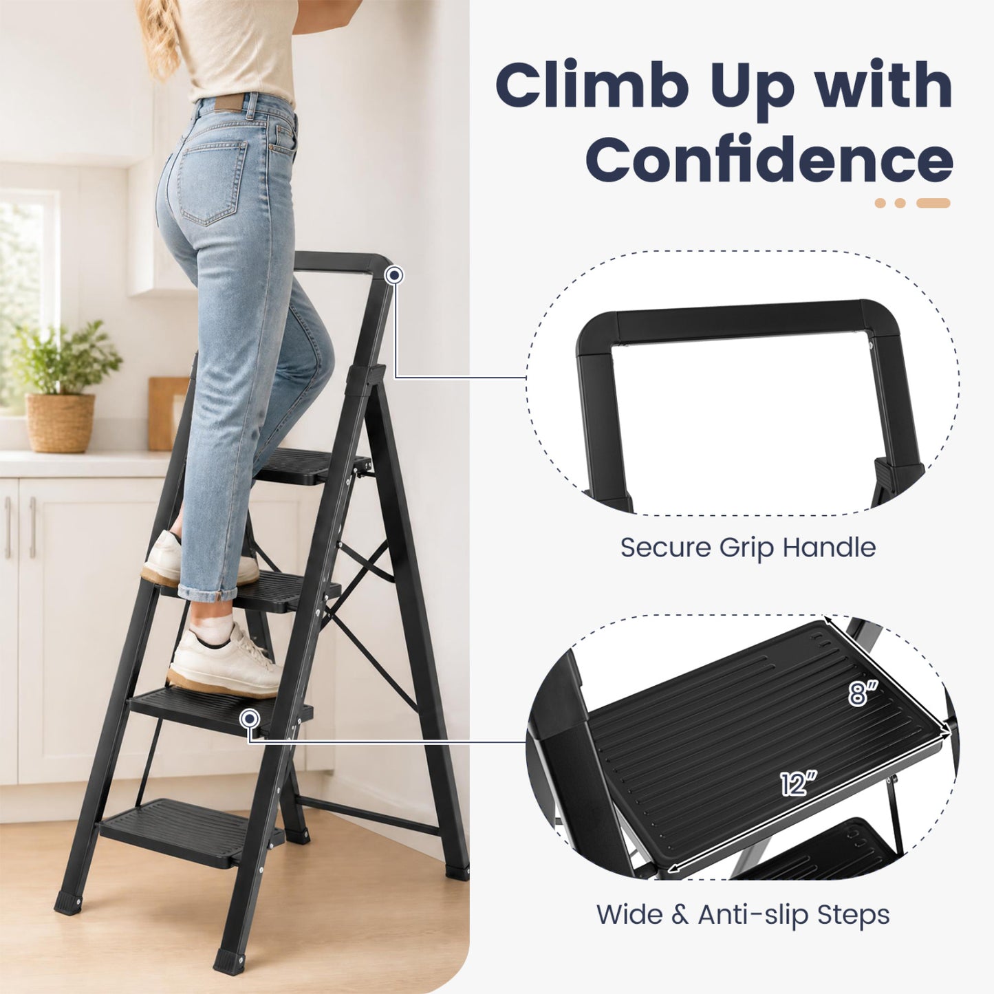 3-Step Folding Step Stool with Wide Anti-Slip Pedals