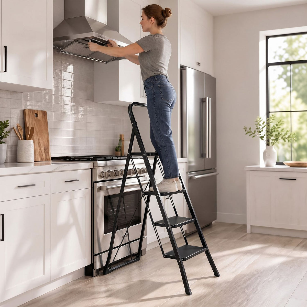 3 Step Ladder Folding Step Stool with Handrail and Wide Anti