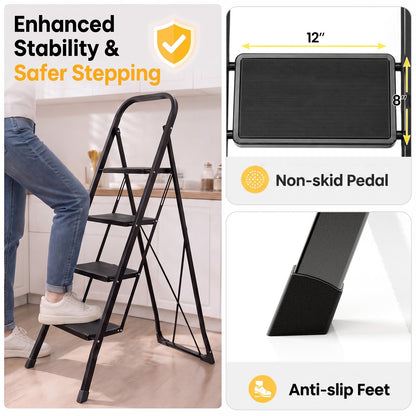 3 Step Ladder Folding Step Stool with Handrail and Wide Anti