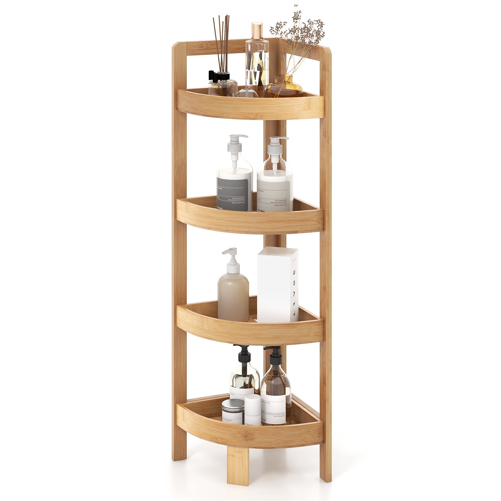 4 Tier Bamboo Corner Shelf Corner Freestanding Storage Organizer Shelving Unit for Bathroom-Natural