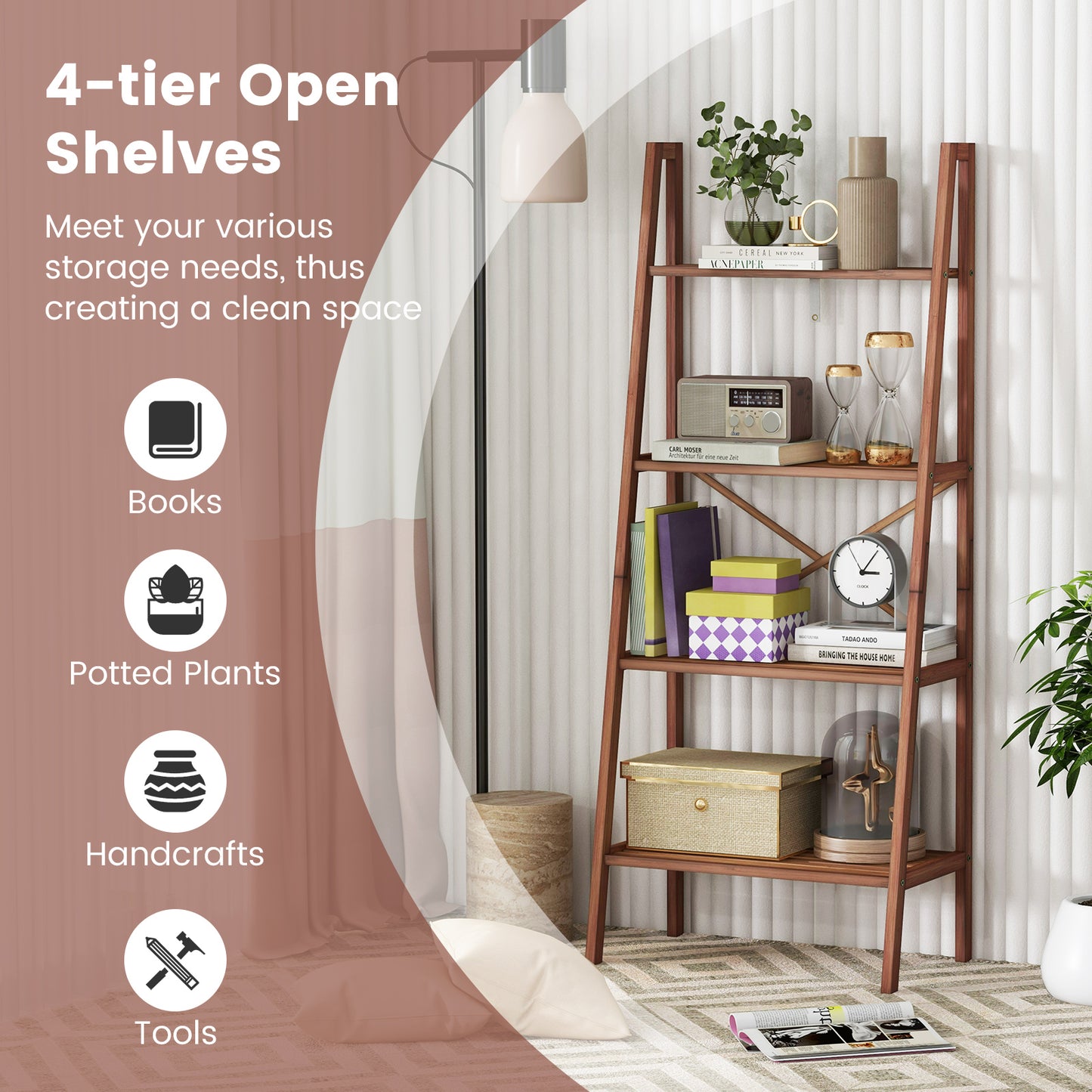 4-Tier Bamboo Ladder Bookshelf 58 Inch - Walnut