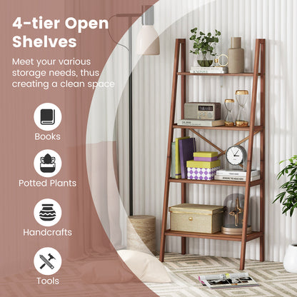 4-Tier Bamboo Ladder Bookshelf 58 Inch - Walnut
