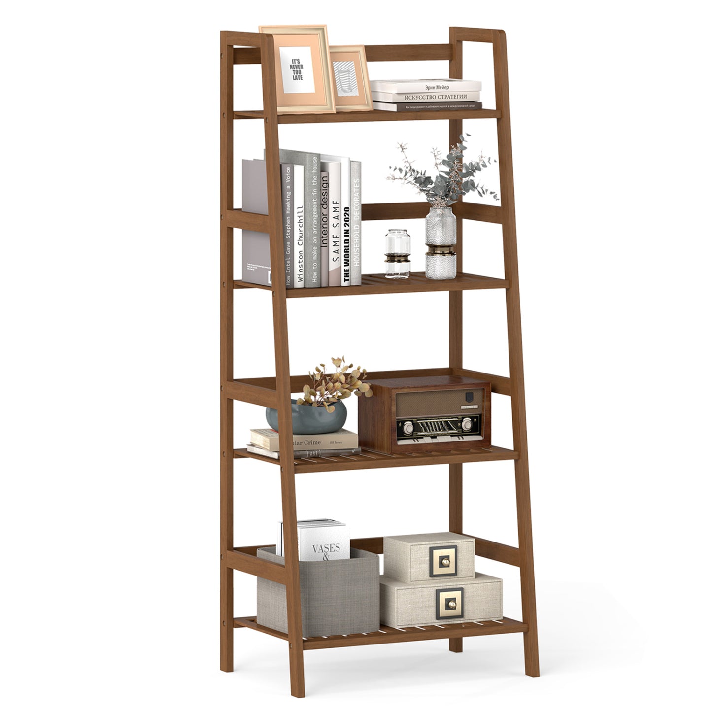 4-Tier Bamboo Plant Rack with Guardrails Stable and Space-Saving-Natural - Walnut