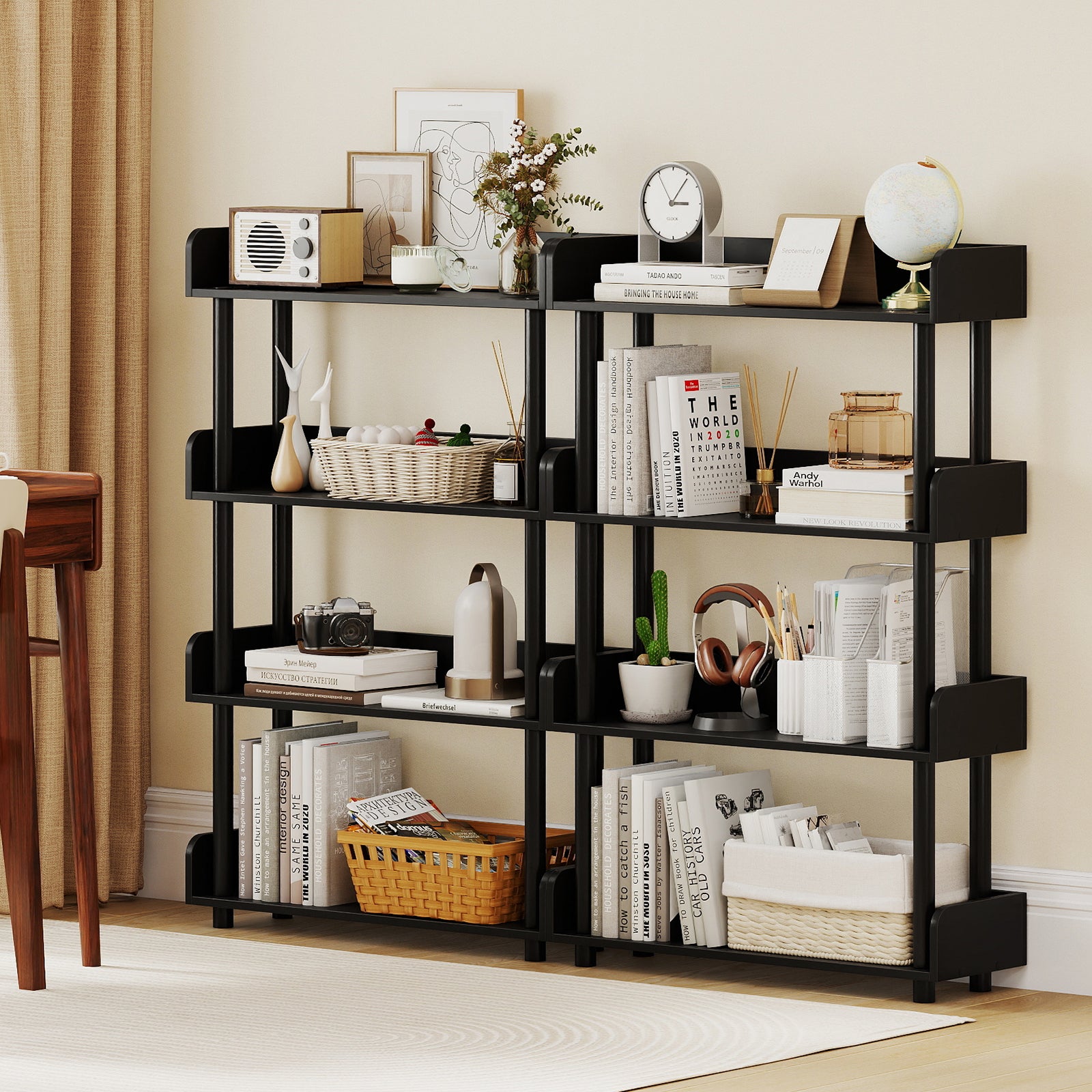 4-Tier Bookshelf Open Bookcase with Anti-Tipping Kit Industrial Storage Unit-Black