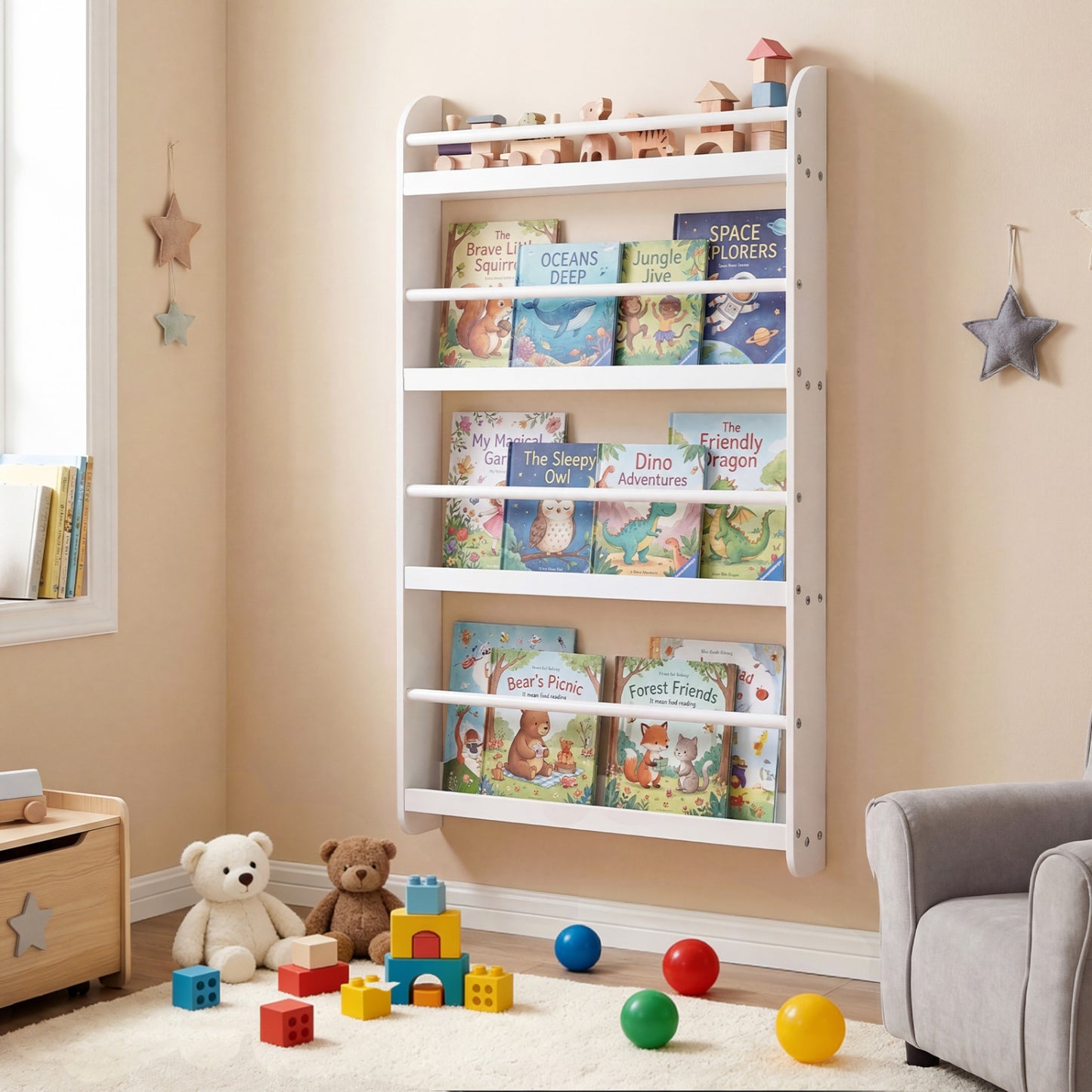 4-Tier Wall Mounted Bookshelf with Safety Rails
