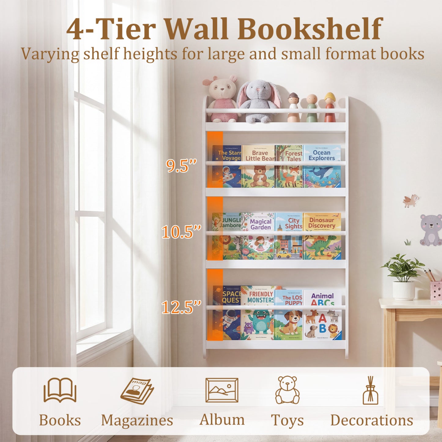 4-Tier Wall Mounted Bookshelf with Safety Rails