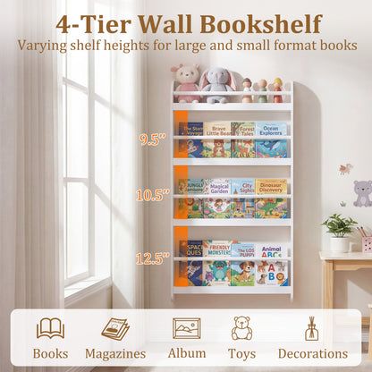 4-Tier Wall Mounted Bookshelf with Safety Rails