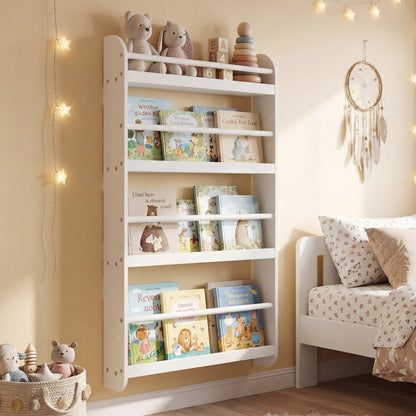 4-Tier Wall Mounted Bookshelf with Safety Rails