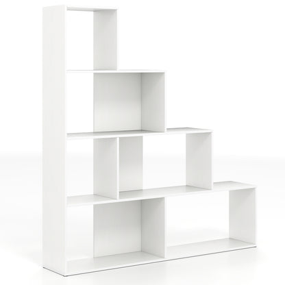 4-Tier Stepped Bookshelf Freestanding Ladder Storage Shelf with 6 Cubes-Rustic Brown - White