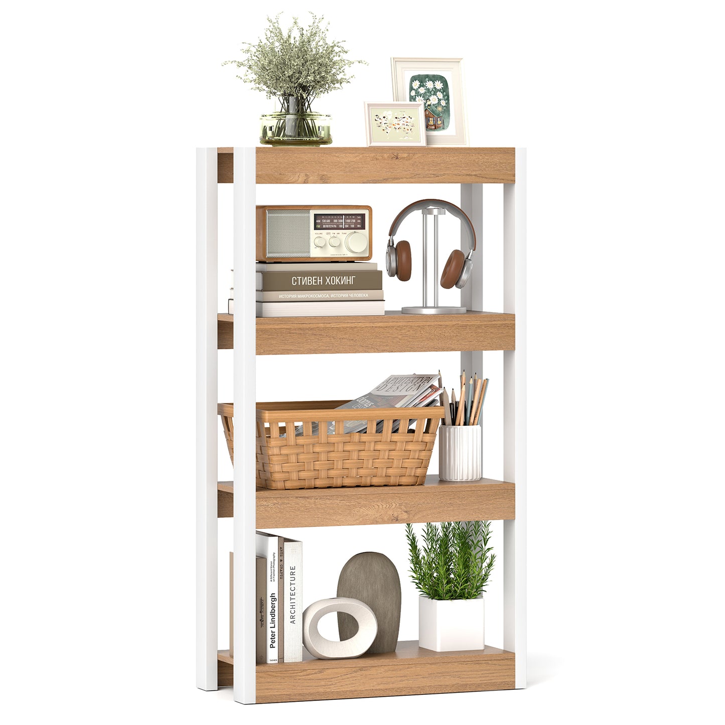 4 Tier Bookshelf Wooden Bookcase with Dual Anti-Tipping Kits-Rustic Brown - Natural