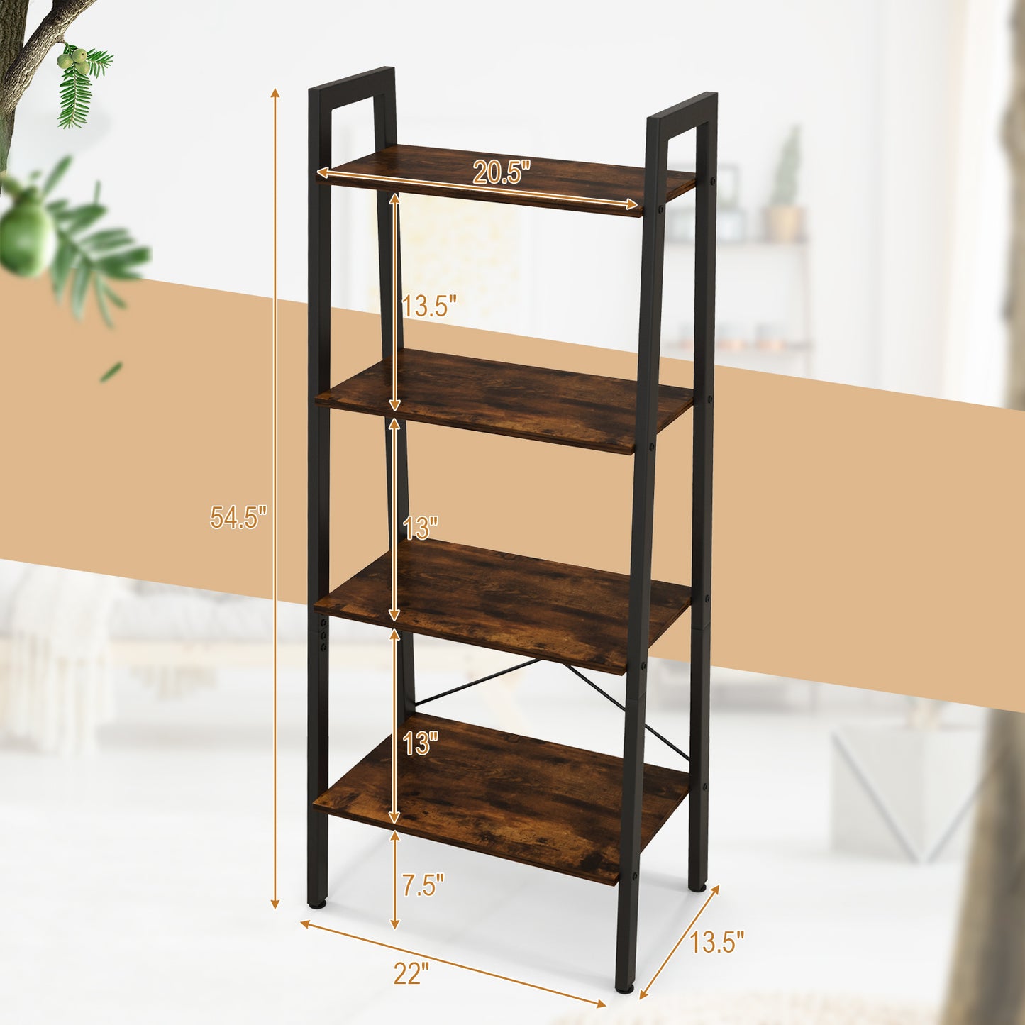 4-Tier Bookshelf with Metal Frame and Adjustable Foot Pads