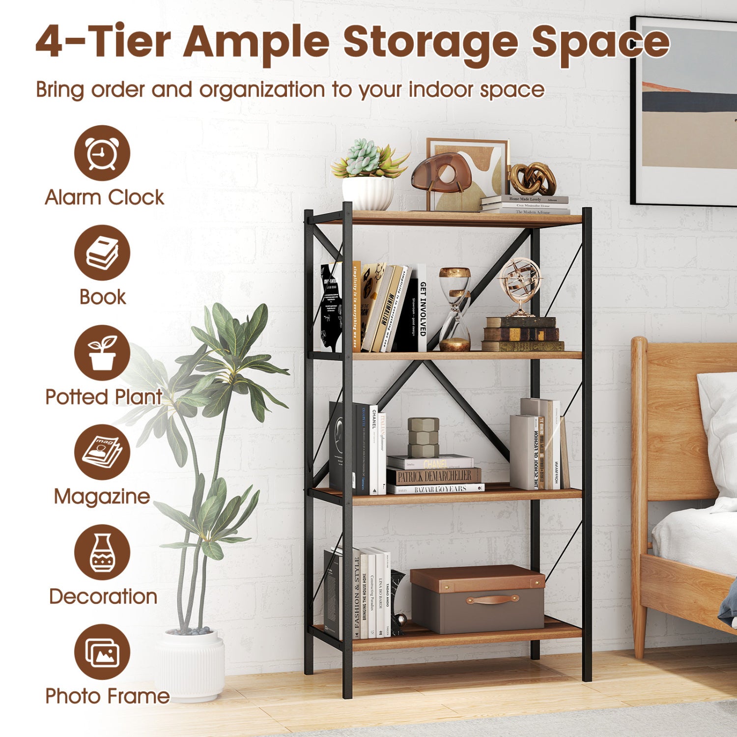 4-Tier Bookshelf with Heavy-Duty Metal Frame-Walnut