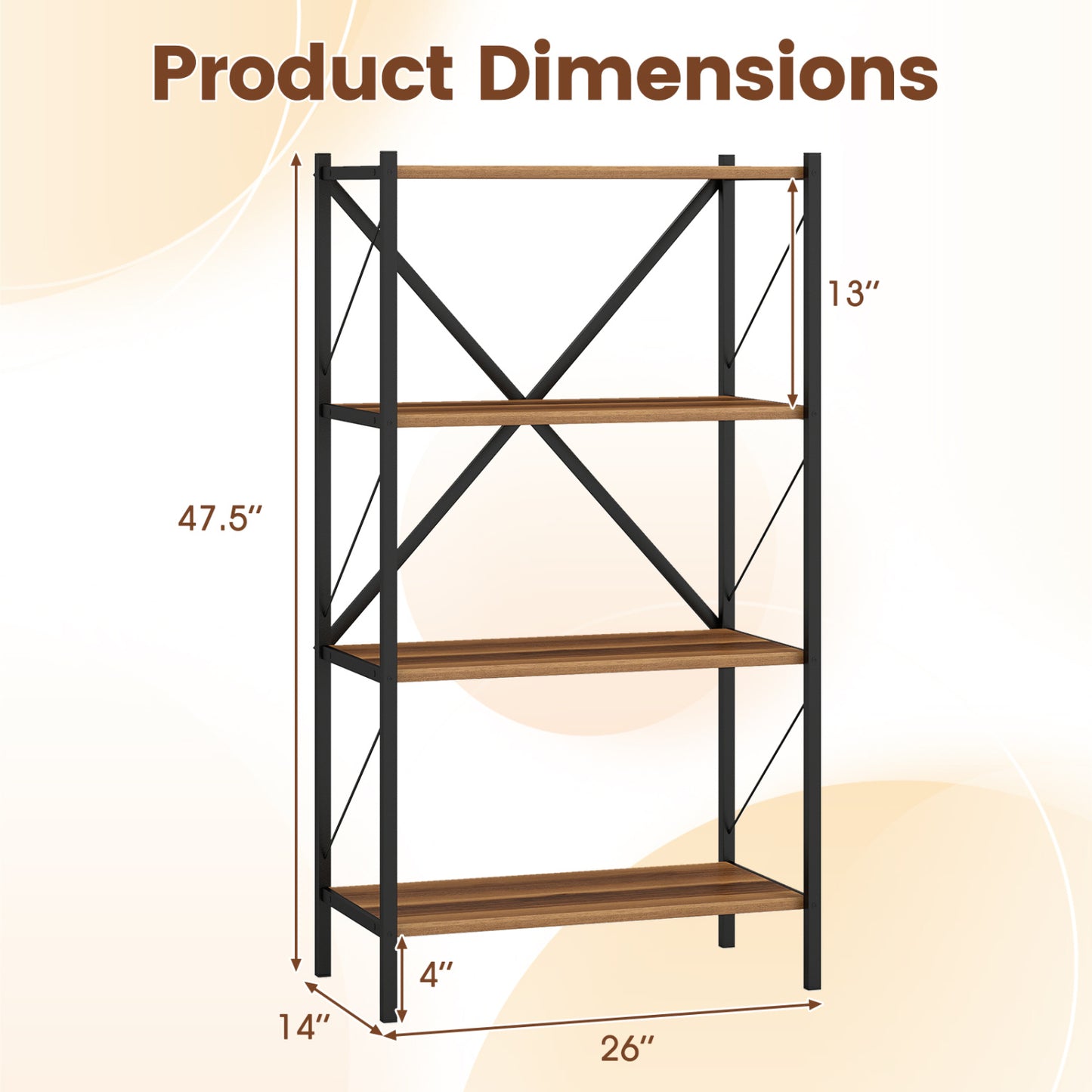 4-Tier Bookshelf with Heavy-Duty Metal Frame-Walnut