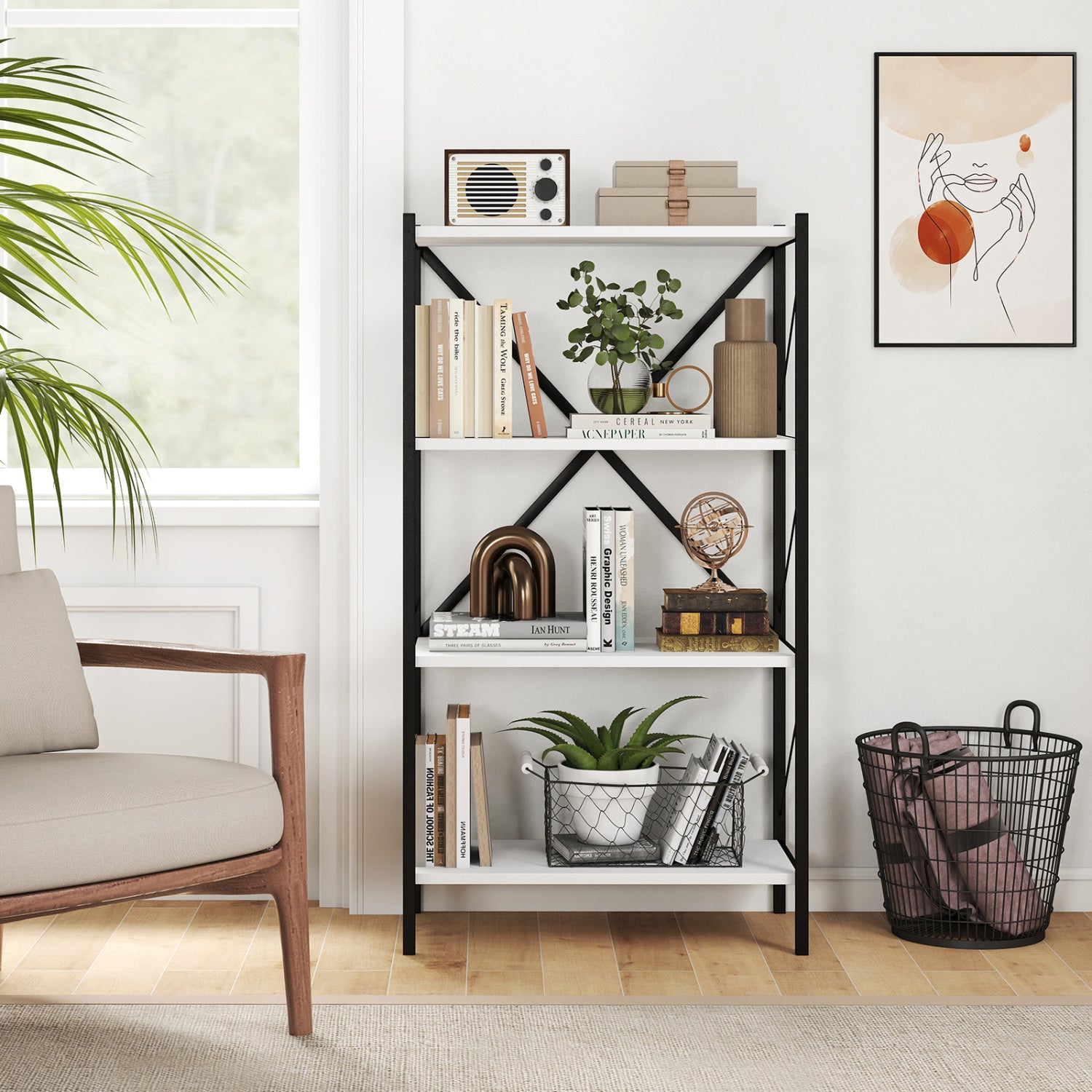 4-Tier Bookshelf with Heavy-Duty Metal Frame-White