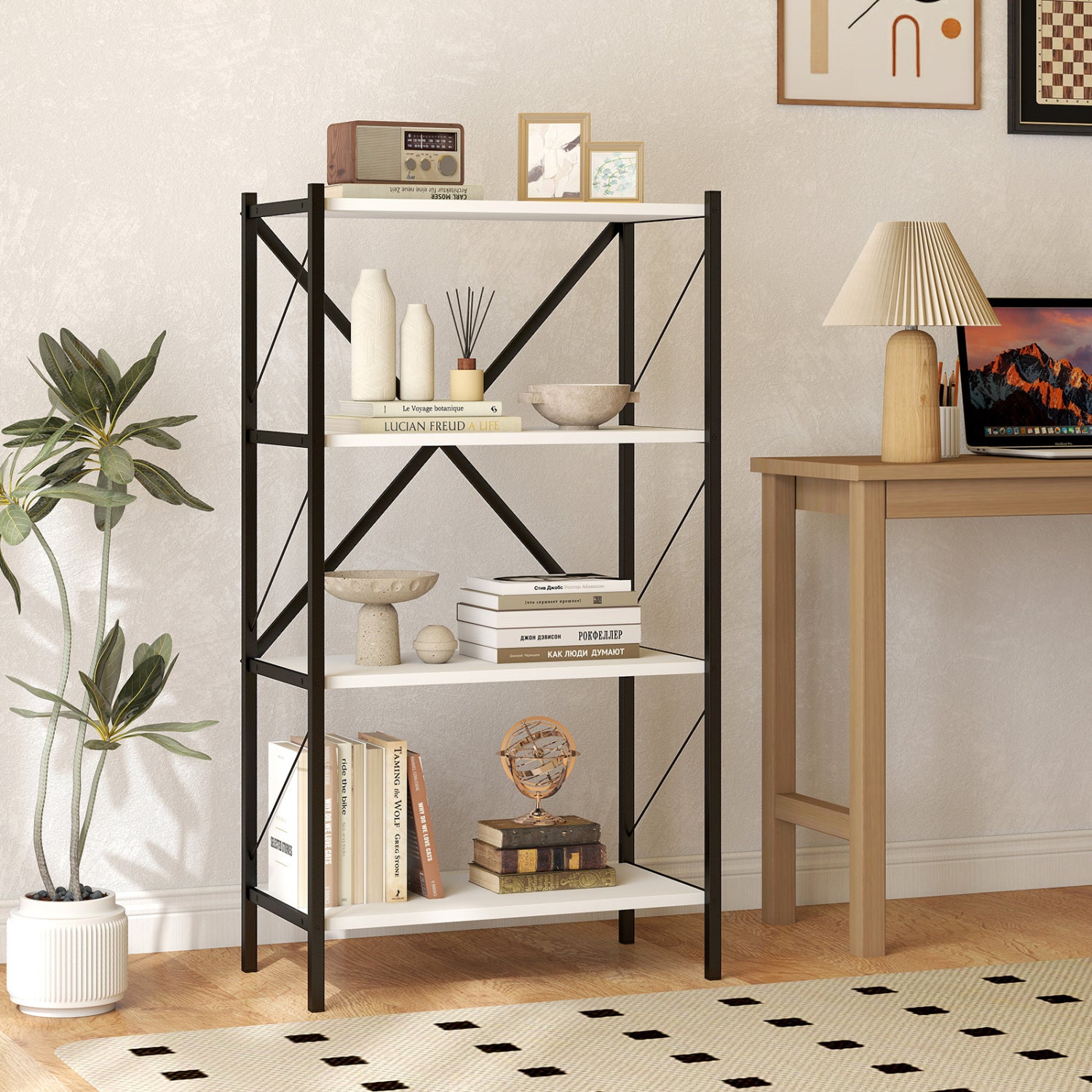 4-Tier Bookshelf with Heavy-Duty Metal Frame-White