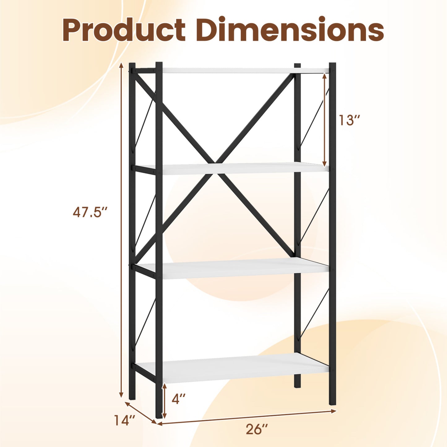 4-Tier Bookshelf with Heavy-Duty Metal Frame-White