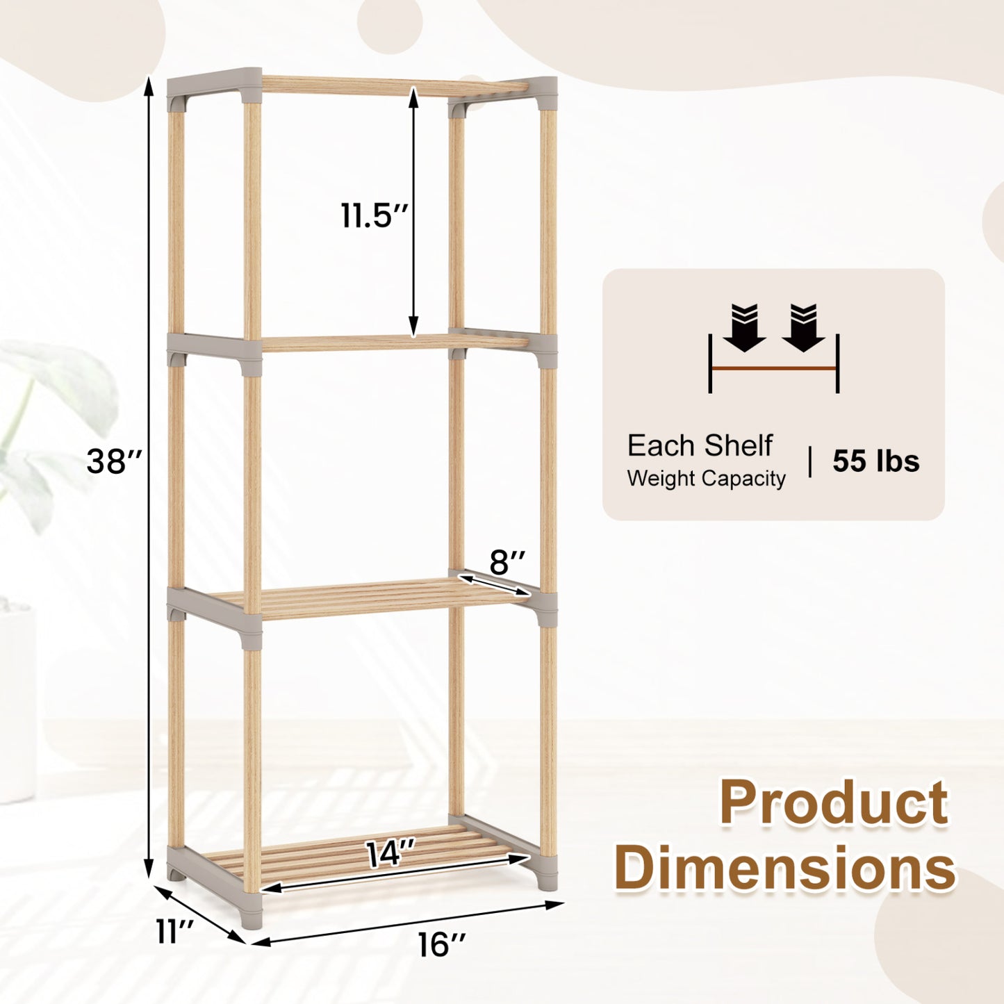 5-Tier Pine Wood Bookshelf with Open Shelves