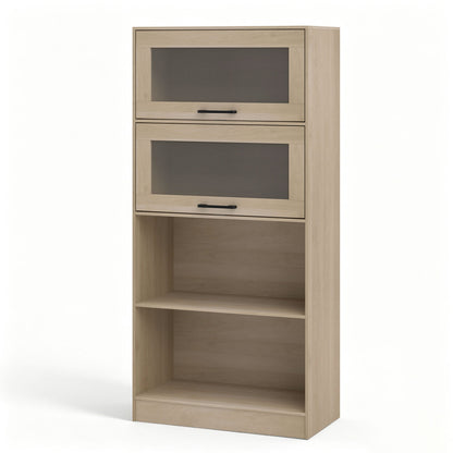 4-Tier Bookshelf with Storage Cabinets - Natural Wood