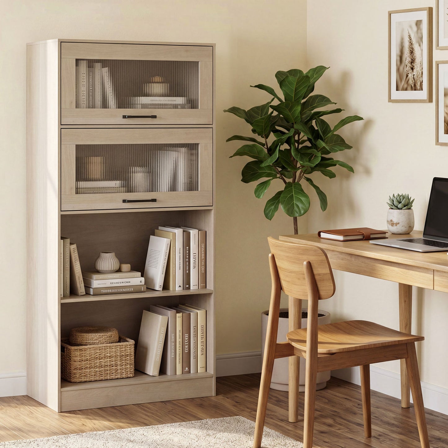4-Tier Bookshelf with Storage Cabinets - Natural Wood